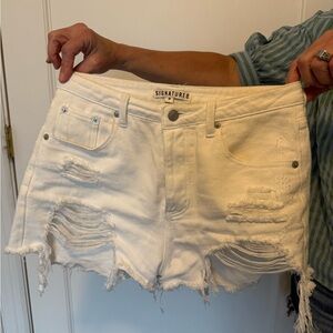 Signature8 Women's Cream Distressed Jean Shorts